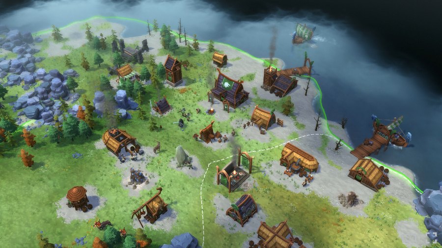 Northgard — un village viking au bord de l'eau en été
